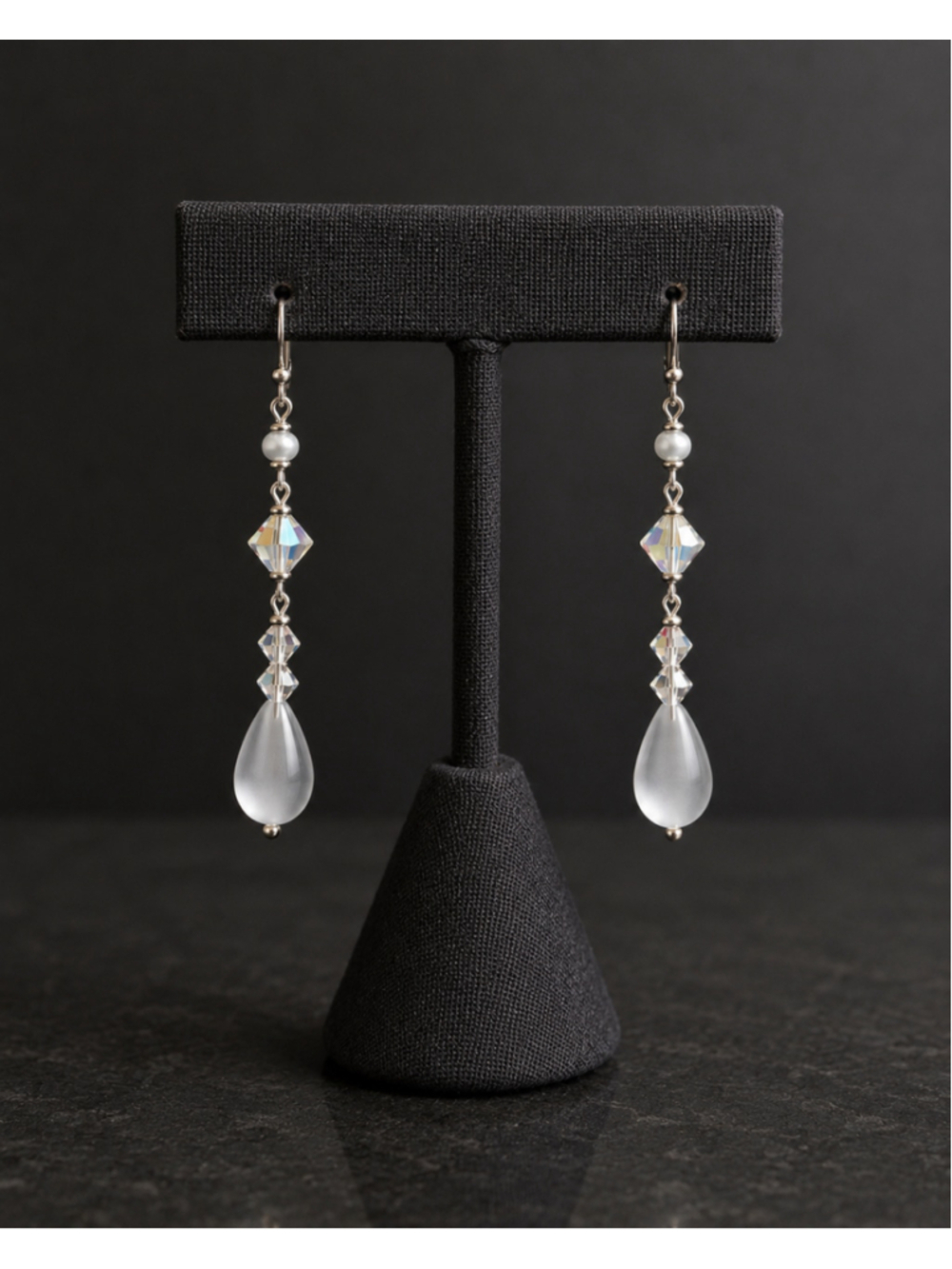 Dabby Reid Ltd White Cat’s Eye Teardrop & Aurora Crystal Dangle Earrings Silver